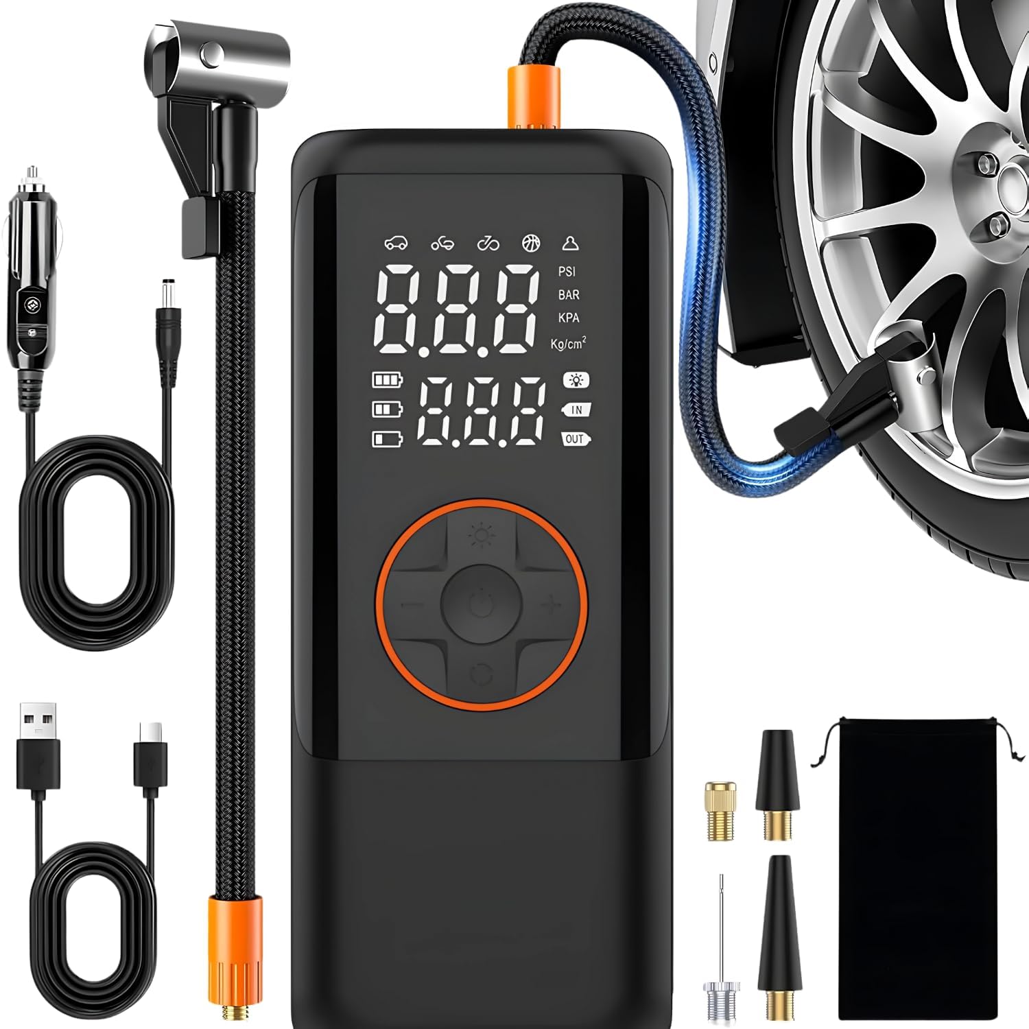 Şarjlı Hava Kompresörü 150 PSI - 4500 mAh Taşınabilir Araba Lastik Şişirme Kompresörü Flaş Işıklı - Ayarlanabilir Dijital Basınç Göstergeli Hava Pompası - Şarj ve Kablolu Kullanım
