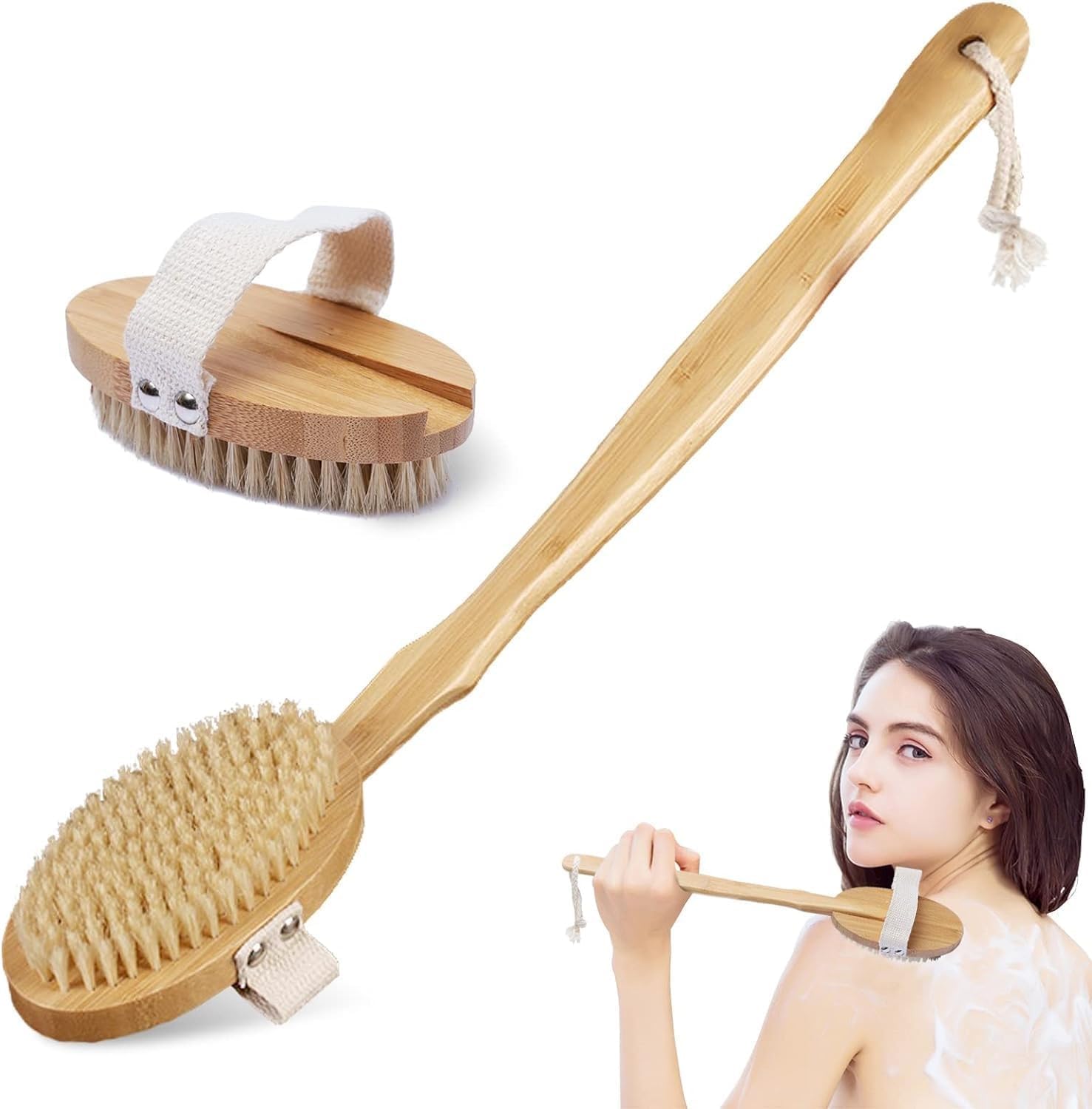 Doğal At Kılı Banyo Fırçası – Selülit Karşıtı, Masaj ve Peeling İçin Ahşap Fırça, Saplı & Sapsız Kullanım