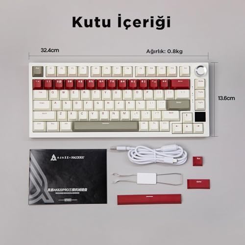 Ajazz AK820 Pro 3 Modlu%75 Mekanik Klavye, TFT Akıllı Ekran Gasket-Mounted Oyuncu Klavyesi, Bluetooth 5.1/2.4g Kablosuz/Type-C Kablolu (AK820 PRO - Krem Kırmızı - Switch)
