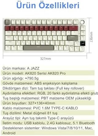 Alternative view of Ajazz AK820 Pro 3 Modlu%75 Mekanik Klavye, TFT Akıllı Ekran Gasket-Mounted Oyuncu Klavyesi, Bluetooth 5.1/2.4g Kablosuz/Type-C Kablolu (AK820 PRO - Krem Kırmızı - Switch)