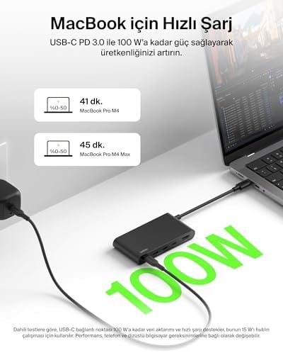 Alternative view of USB-C Hub, 5 Portlu Hub, 4K HDMI Görüntüleme, 60Hz, 100W Güç Dağıtımı, 10 Gbps Hızlı Veri Aktarımı, USB-C Çoklu Bağlantı Noktalı Adaptör, MacBook, iPad Pro, Chromebook ve Dahası ile Uyumlu