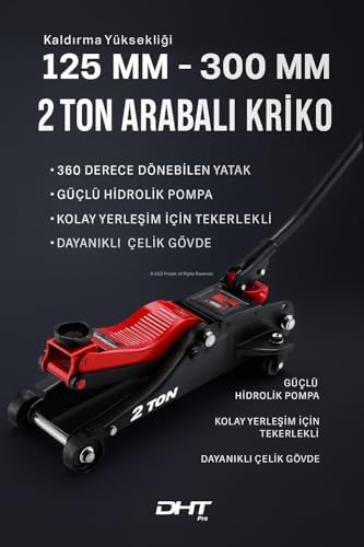 DHT Pro 2 Ton Arabalı Kriko,125-300 mm Kaldırma Yüksekliği, 360 Derece Dönebilen Yatak, Güçlü Hidrolik Pompa, Kolay Yerleşim İçin Tekerlekli, Dayanıklı Çelik Gövde, Otomobil Kaldırma Krikosu