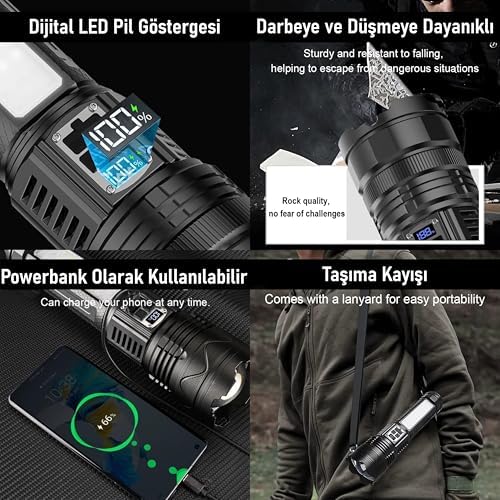 Şarjlı El Feneri 5400mAh 30W 9 Mod Powerbank Özellikli 6KM Aydınlatma
