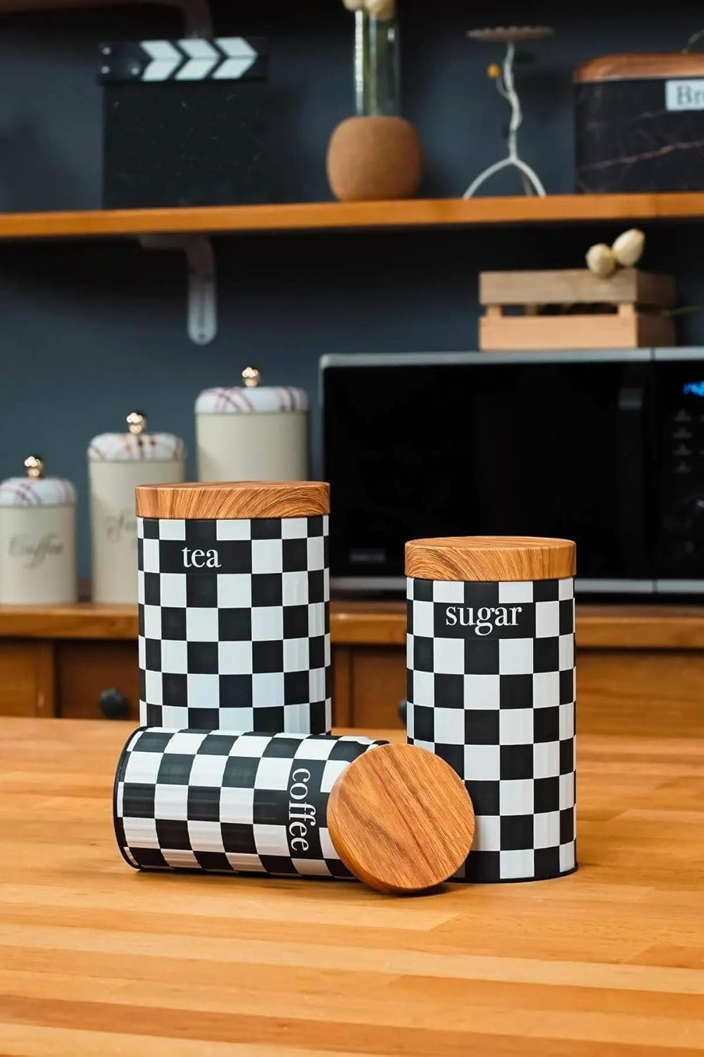 3'Lü Set Metal Çay Kahve Şeker Saklama Kavanozu - Dama Desenli