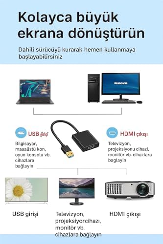 USB 3.0’dan HDMI’a Dönüştürücü Adaptör – 1080P Full HD, Yüksek Hızlı 5Gbps Veri Aktarımı, Aynalama & Genişletme Modu, Windows & Mac OS Uyumlu HD08