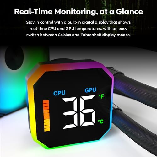 MONTECH HyperFlow Dijital 240 CPU Sıvı Soğutucu, 3100 RPM Pompalı 240 mm AIO, 2×120 mm E28 ARGB Fanlar, Gerçek Zamanlı Dijital Ekran, Intel ve AMD Desteği (Siyah)