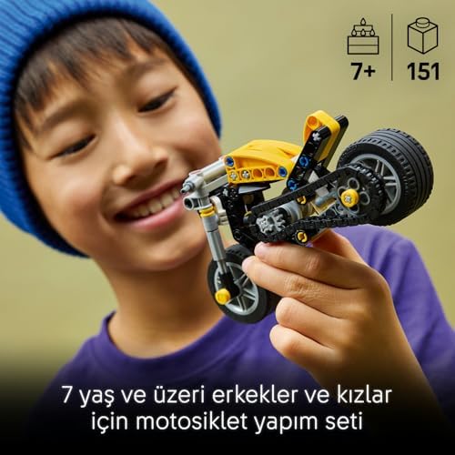 Sarı Motosiklet 42225-7 Yaş ve Üzeri Çocuklar için Direksiyon ve Arka Tekerleğe Zincirle Bağlı Pistonlu Motor İçeren Yaratıcı Oyuncak Yapım Seti, Çocuklar için Hediye Fikri (151 Parça)