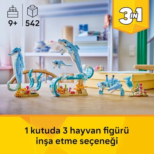 Creator 3'ü 1 Arada Deniz Hayvanları: Güzel Yunuslar 31385 – 9 Yaş ve Üzeri Çocuklar için Denizatı veya Yengece Dönüşebilen Yaratıcı Oyuncak Yapım Seti, Dekoratif Hediye Fikri (542 Parça)