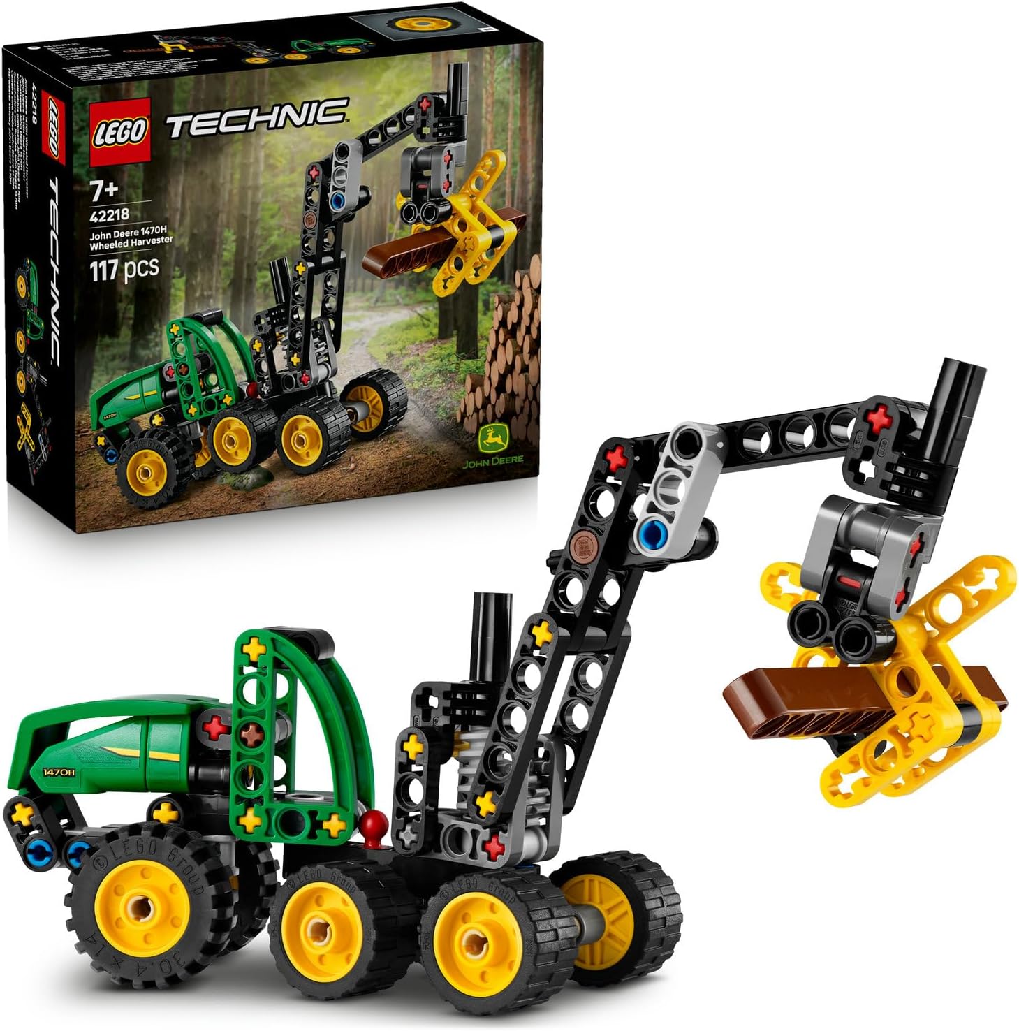 Deere 1470H Tekerlekli Orman Makinesi 42218 – 7 Yaş ve Üzeri Kız ve Erkek Çocuklar için Çalışan Kepçe ve Kütük İçeren Yaratıcı Oyuncak Yapım Seti, Eğlenceli Hediye Fikri (117 Parça)