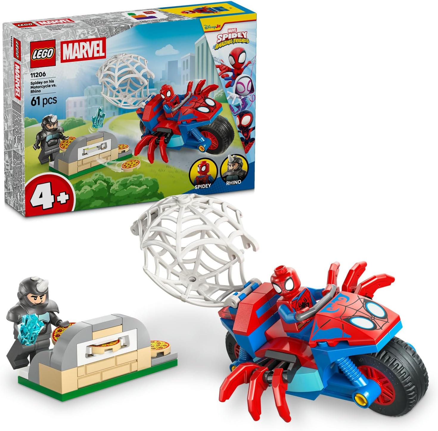 Spidey ve İnanılmaz Arkadaşları Motosikletli Spidey, Rhino’ya Karşı 11206-4 Yaş Üzeri Kız ve Erkek Çocuklar için 2 Minifigür İçeren Yaratıcı Oyuncak Yapım Seti, Hediye Fikri (61 Parça)