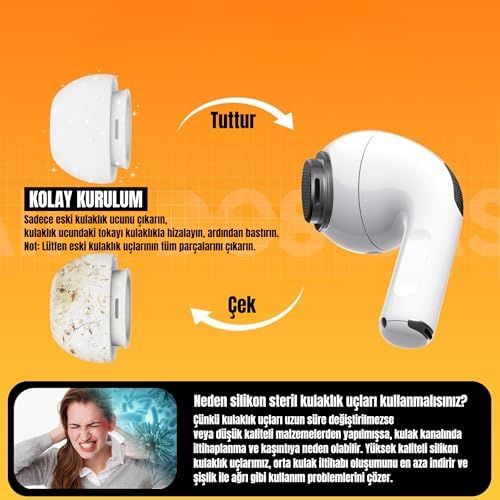 Alternative view of AirPods Pro ve Pro 2.Nesil Uyumlu Anc Delikli Üç Boyut Premium Yedek Silikon Kulaklık Uçları (S, M, L)