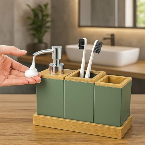 Bambu Kapaklı Yeşil Banyo Seti – Sıvı Sabunluk, Diş Fırçalık, Çok Gözlü Organizer ve Düzenleyici