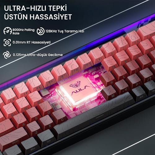 Aula Hero 68 He Manyetik Klavye Trigger Dragon Switch 8000Hz RGB Neon TKL Hot Swap Oyuncu Klavyesi Kırmızı