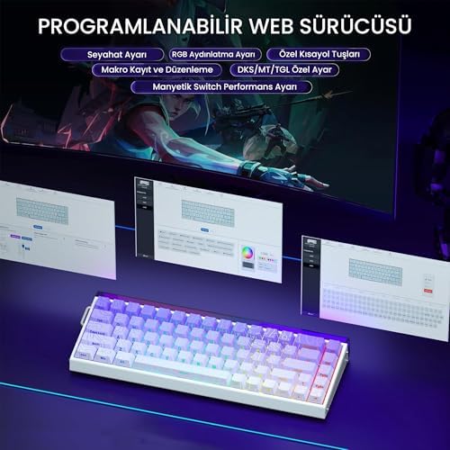 Aula Hero 68 He Manyetik Klavye Trigger Dragon Switch 8000Hz RGB Neon TKL Hot Swap Oyuncu Klavyesi Mor