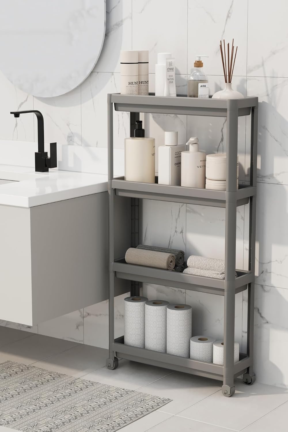 Life 4 Katlı Tekerlekli Slim İnce Gri Banyo Mutfak Rafı MIT1202