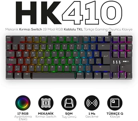 Alternative view of Hawk Gaming HK410 Mekanik Switch 19 Mod RGB Kablolu Siyah TKL Türkçe Gaming Klavye (Kırmızı Switch)