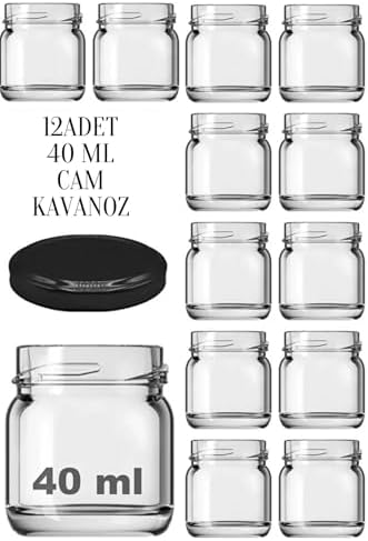 12 Adet 40 ml Siyah Metal Kapaklı Şeffaf Numune Mama Ek Gıda Şekerleme Reçellik Küçük Cam Kavanoz