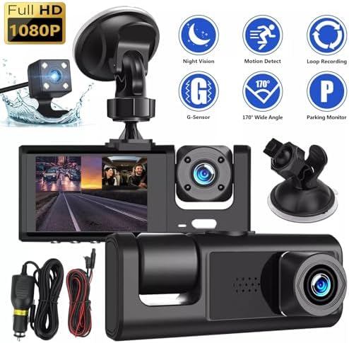 Full Hd 1080P Üç Kameralı Araç Içi Kamera Araba Güvenlik Kamerası Gece Görüşü Ön Geri iç Kayıt IR LED