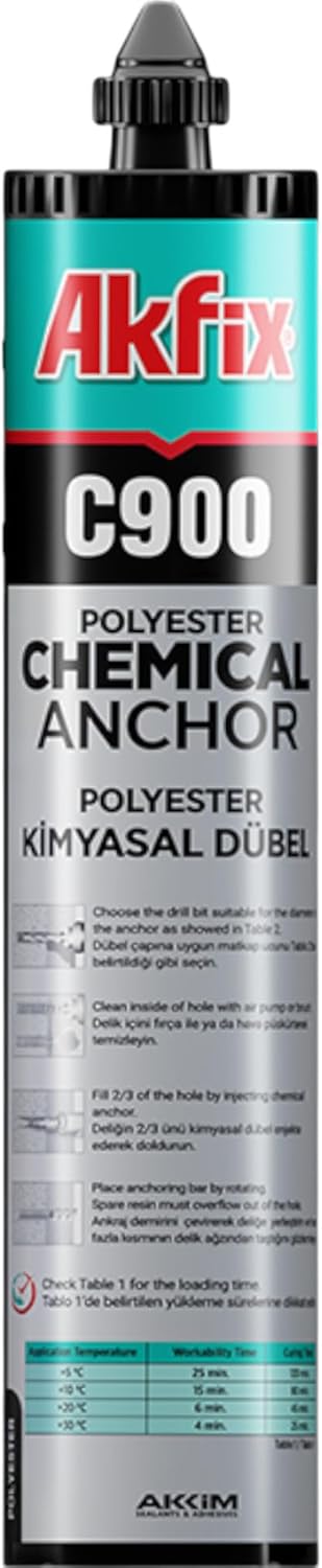 C900 Poliester Kimyasal Dübel, 345ml, ve Taş Yüzeyler İçin, Ağır Yük Montaj Yapıştırıcısı, Hızlı Kürleşen, Dikey Yüzey Uyumlu