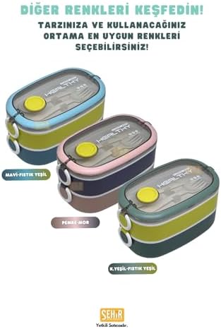 Bento 1300ml Lunchbox 2 Katlı 3 Bölmeli Paslanmaz Çelik Sefer Tası Yemek Kutusu (Koyu Yeşil-Fıstık Yeşili)
