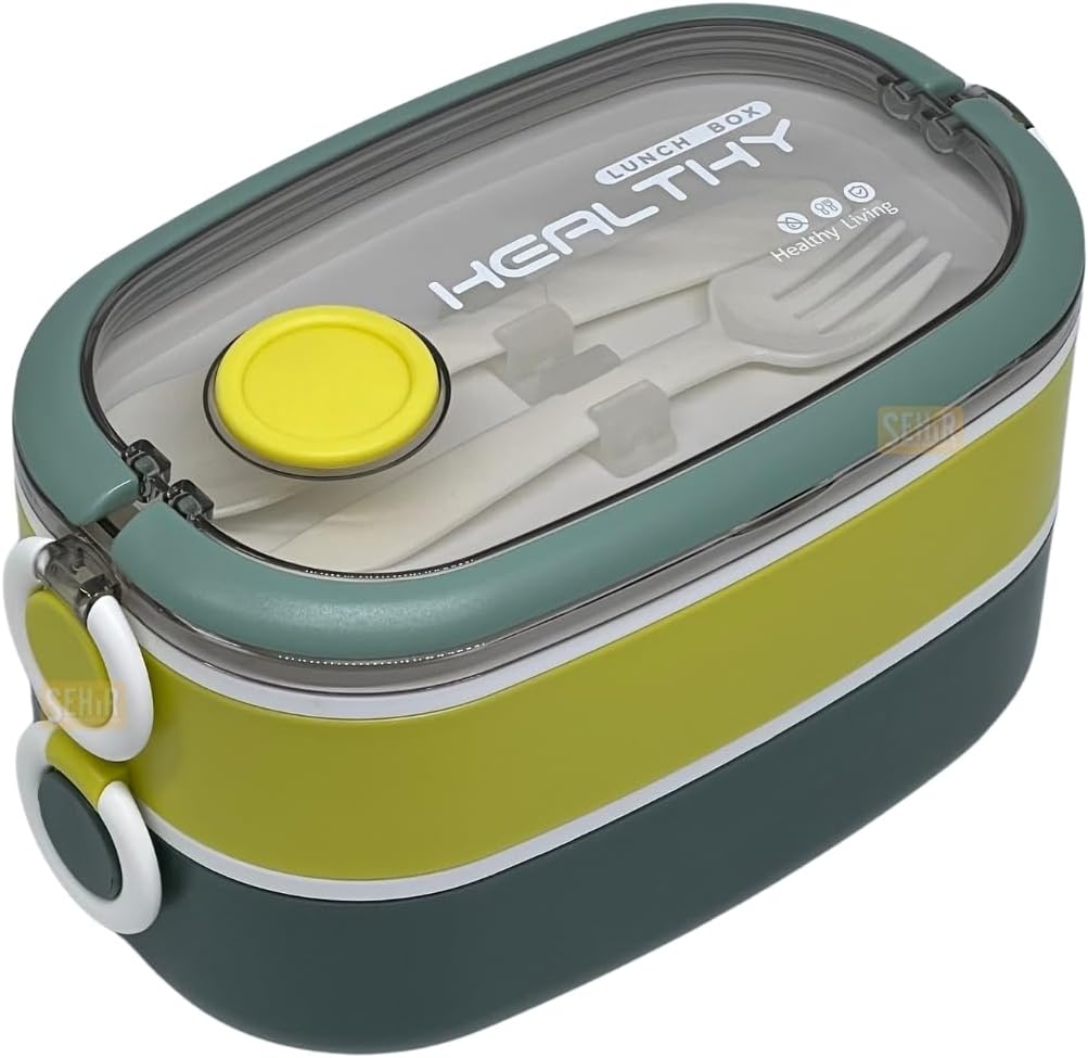 Alternative view of Bento 1300ml Lunchbox 2 Katlı 3 Bölmeli Paslanmaz Çelik Sefer Tası Yemek Kutusu (Koyu Yeşil-Fıstık Yeşili)