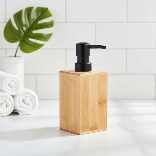 Bambu Sıvı Sabunluk | Ahşap El Sabunu, Losyon ve Şampuan Dispenseri | Modern Banyo, Mutfak ve Lavabo Düzenleyici (255ml) | Kare Bambu Sıvı Sabunluk | Mat Siyah Pompalı Ahşap Sabun Şişe