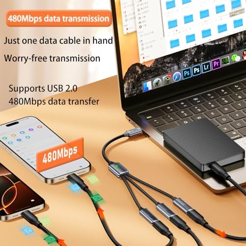 3'lü Type-C Çoklayıcı 25 Cm Hızlı Şarj ve 480 Mbps Veri Aktarımı 3CC