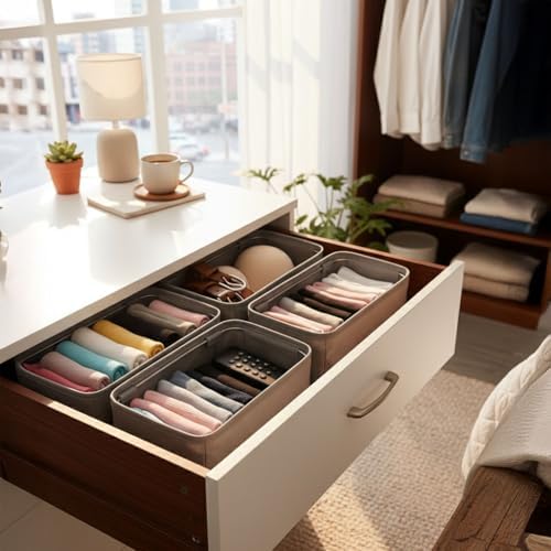 4 Adet Tek Boy Katlanabilir Çekmece Organizer Seti | Dolap İçi Saklama Kutusu | İç Giyim, Çorap ve Aksesuar Düzenleyici | Telli Dik Duruş Sağlayan Kumaş Dolap Düzenleyici 30x15x12.5cm