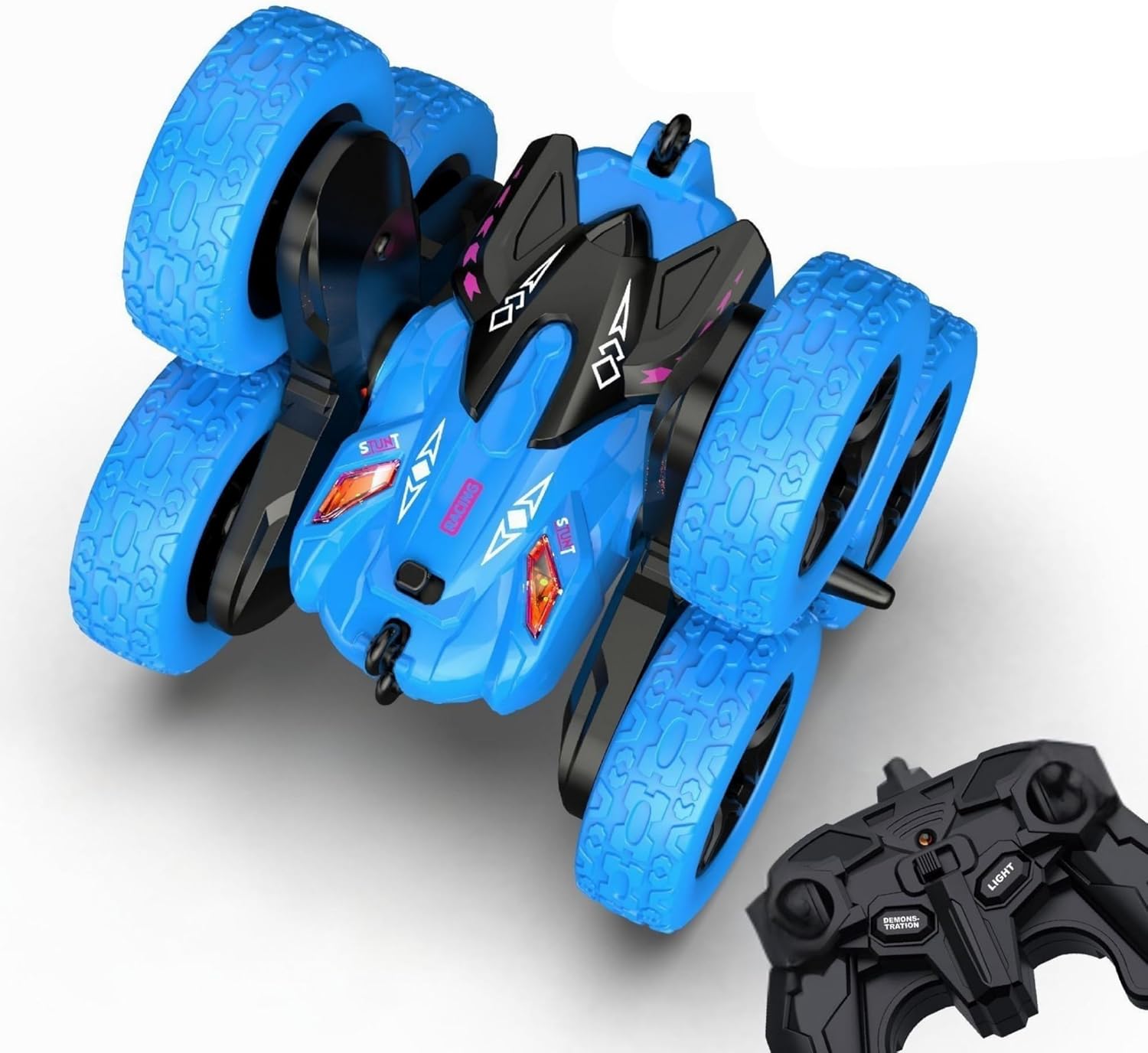 Oyuncak 2.4 GhZ Uzaktan Kumandalı Full Fonksiyon Işıklı Şarjlı 360° Dönebilen 6 Tekerlekli Atabilen Akrobat Araba (mavi-yeşil) (MAVİ)