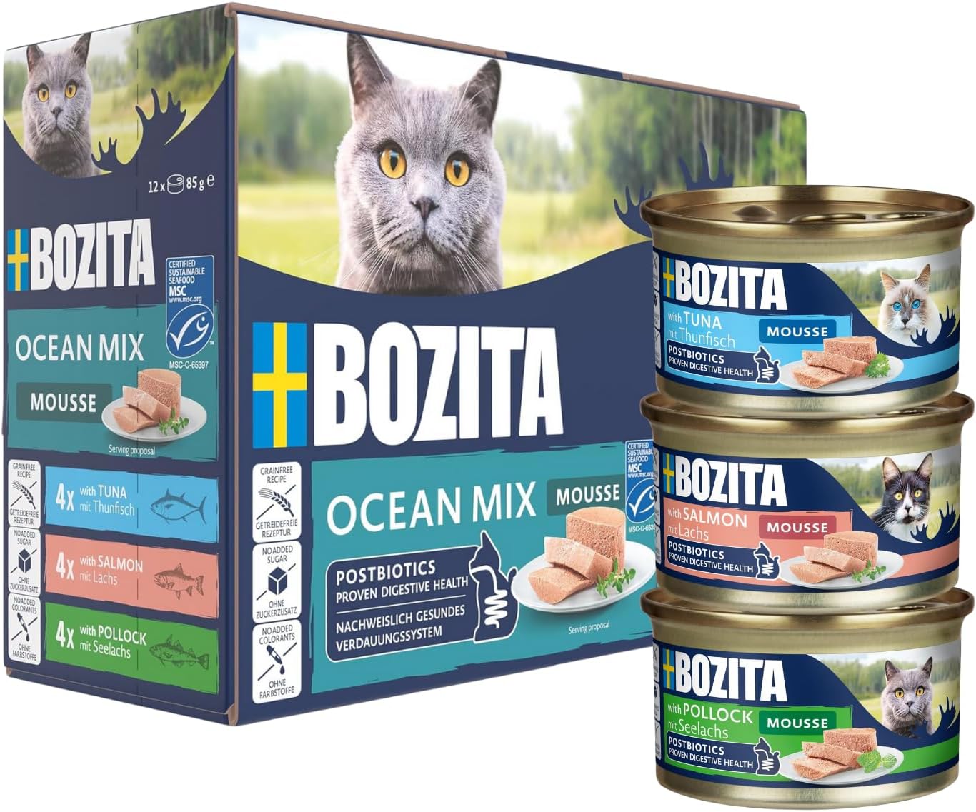 Alternative view of BOZITA Ocean Mix Foam - Küçük Dozlarda Gurme Kedi Maması 12 x 85 g - Sağlıklı Bağırsak Florasını Desteklemek için Postbiyotiklerle Ton Balığı, Somon ve Somon