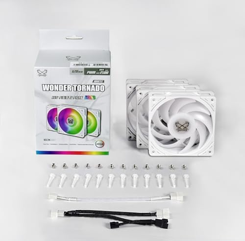 SCYTHE Wonder Tornado 120mm ARGB Beyaz Kasa Fanı 3’lü Paket, 26mm Kalınlık, 2500 RPM, FDB Rulman, Titreşim Önleyici Tasarım, 3-Pin ARGB, 120.000 Saat Ömür, PC ve Sıvı Soğutma Uyumlu