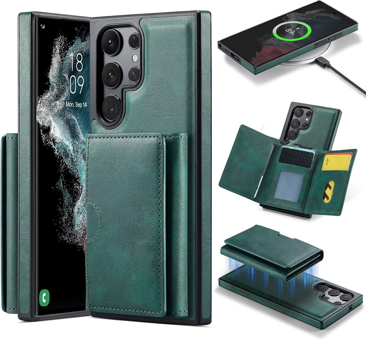 Galaxy S23 Ultra ile uyumlu Deri Kılıf Magsa ile uyumlu Wallet 2 in 1 Çıkarabilir Kart Tutucu Mıktanıslı Stand olabilen Phone case Deri Kapak Şarj Özellikli Yeşil
