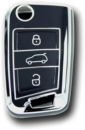 AutoHan Keys Golf 7, Golf 7.5, Tiguan, Polo, T-Roc, T- için Lüks Anahtar Koruma Kılıfı, Siyah ve Gümüş Renk