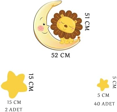 Alternative view of Ay Üzerinde Uyuyan Sevimli Aslan ve Sarı Yıldızlar Duvar Seti - Bebek ve Çocuk Odası Dekoratif Duvar Çıkartması