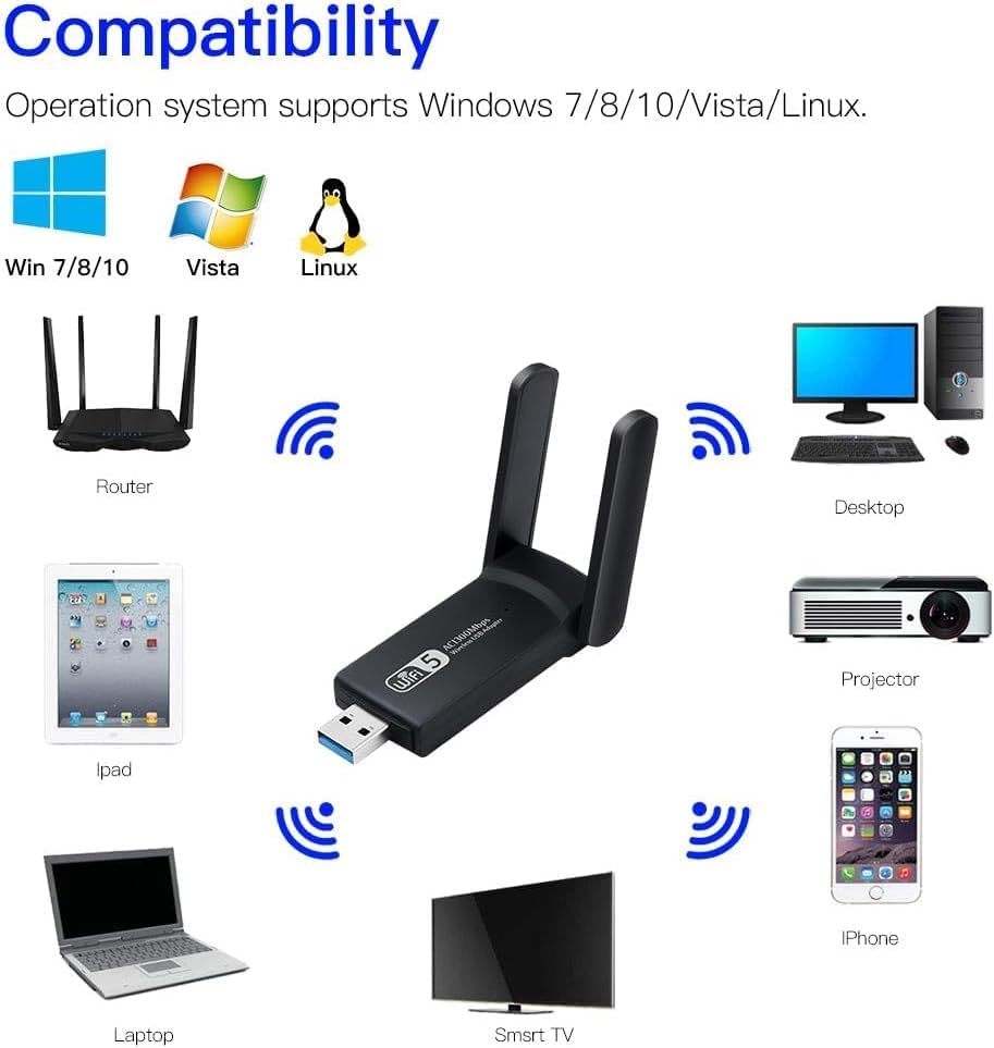 1300Mbps Adaptör Wifi Ağ Kartı Masaüstü Bilgisayar Pc ile Uyumlu Realtek RTL 8812BU USB3.0 Wifi Adaptör, 2.5G 5G 5.8G Adaptör, USB Wifi Alıcı USB 1.1,2.0,3.0 (AC1300)