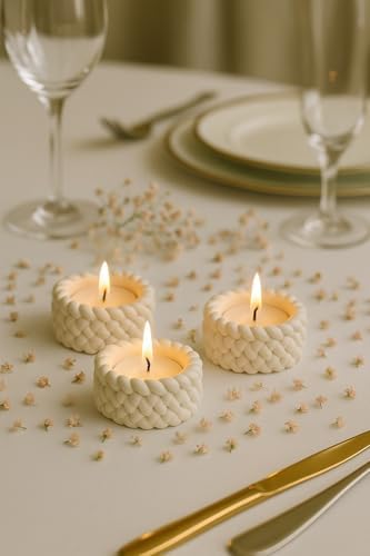 Örgü Desenli 3’lü El Yapımı Mumluk Seti – Tealight Uyumlu Modern & Doğal Dekoratif Aksesuar + Tealight Mum Hediyeli