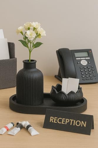 Siyah Kase ve Çizgili Vazo Seti – 3’lü El Yapımı Tepsili Minimalist Dekor – Modern Ev & Ofis Aksesuarı