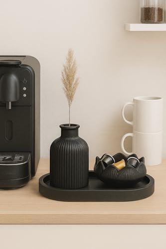 Alternative view of Siyah Kase ve Çizgili Vazo Seti – 3’lü El Yapımı Tepsili Minimalist Dekor – Modern Ev & Ofis Aksesuarı