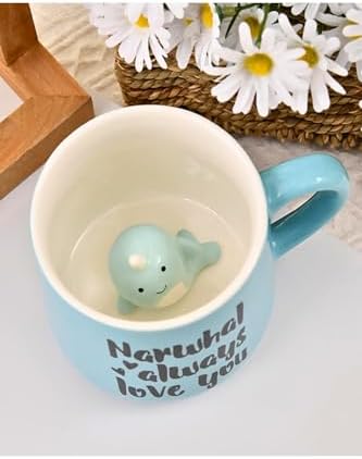 3D Porselen Kupa – Narval Balina Figürlü, 350 Ml, Sevimli Ve Eğlenceli Tasarım,Mavi