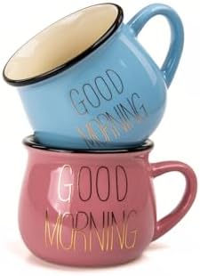 2'Li Görünümlü Porselen Kupa Seti Good Morning Yazılı 150 Ml,Pembe & Mavi