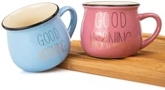 Alternative view of 2'Li Görünümlü Porselen Kupa Seti Good Morning Yazılı 150 Ml,Pembe & Mavi