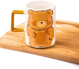 Sevimli Ayı Kabartmalı Porselen Kupa - 350 Ml, El Dekoru Boyama, Şık Ve Dayanıklı Kupa,Krem, MUG50K
