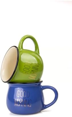 2'Li Görünümlü Renkli Porselen Kupa Seti Good Morning Yazılı 250 Ml,Mavi & Yeşil