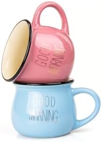 2'Li Görünümlü Renkli Porselen Kupa Seti Good Morning Yazılı 250 Ml,Pembe & Mavi