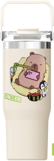 DILLER Tumbler 950 ML Tek Kapak Çift Kullanım Pipetli/Pipetsiz Taşıma Kulplu Çelik Termos-FFDILLERD9358