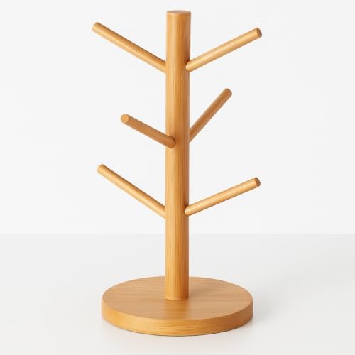 Ahşap Bambu Kupa Bardak Askısı 6'lı Stand Doğal Mutfak Tezgahı İçin Kupa Standı Bardak Tutucu Modern Dekoratif Dayanıklı Kolay Kurulumlu Organizer (Yuvarlak)