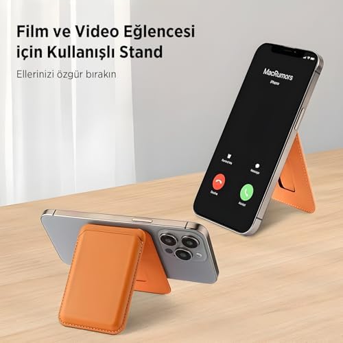 Bix TMW4 MagSafe Uyumlu Kart Taşıma ve Telefon Stand Özellikli Katlanabilir Manyetik Deri Cüzdan ve Kartlık Uyumlu (Kahverengi)