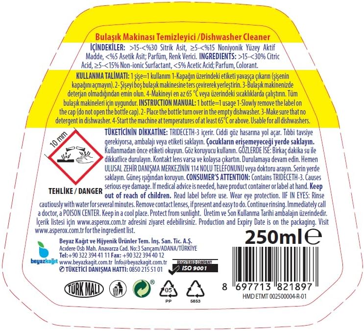 Asperox Sparx Bulaşık Makinesi Temizleyicisi Sirkeli ve Limonlu 250 ml (2 paketi)