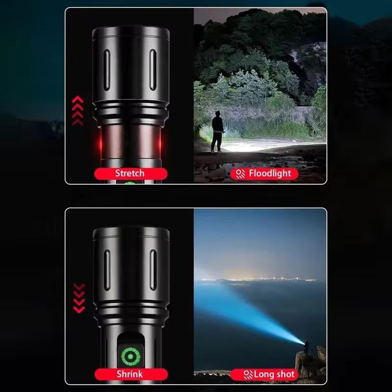 2000 Lümen Şarjlı El Feneri – 6 Işık Modlu Metal Kasalı, Zoom Özellikli, Type-C Şarj Girişli, Suya Dayanıklı Güçlü Led Fener, Kamp ve Acil Durum Aydınlatma Lambası (El Feneri)