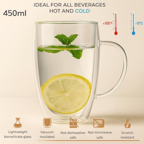 450 ml Çift Cidarlı Şeffaf Cam Kupa – Dayanıklı, ve Soğuk İçeceklere Uygun, Şık ve Dayanıklı Borosilikat Cam Bardak